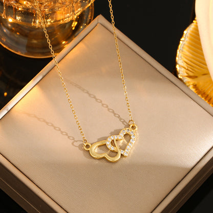 Romantic Sweet Geometric Heart Shape Titanium Steel Plating Inlay Rhinestones Zircon Gold Plated Pendant Necklace