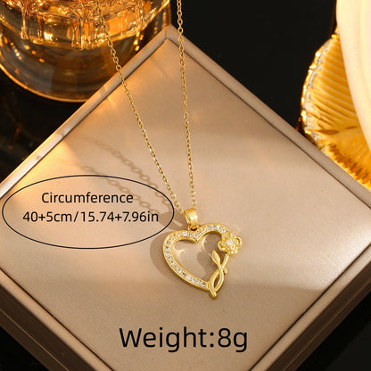 Romantic Sweet Geometric Heart Shape Titanium Steel Plating Inlay Rhinestones Zircon Gold Plated Pendant Necklace