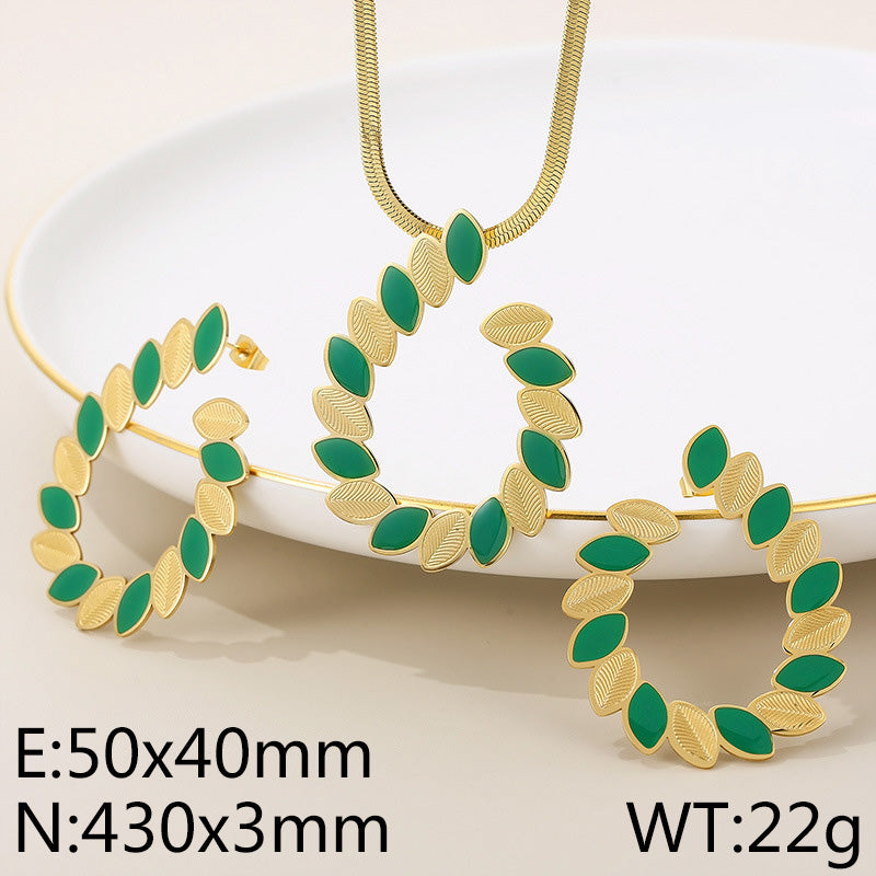 Elegant Simple Style Leaves Stainless Steel Titanium Steel Enamel Plating Earrings Necklace