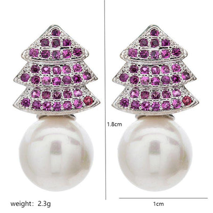 1 Pair Korean Style Tree Plating Inlay Copper Artificial Pearls Zircon White Gold Plated Ear Studs