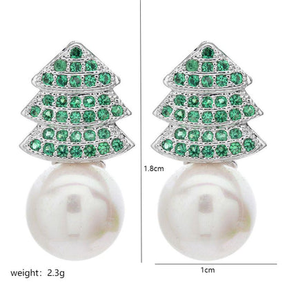 1 Pair Korean Style Tree Plating Inlay Copper Artificial Pearls Zircon White Gold Plated Ear Studs