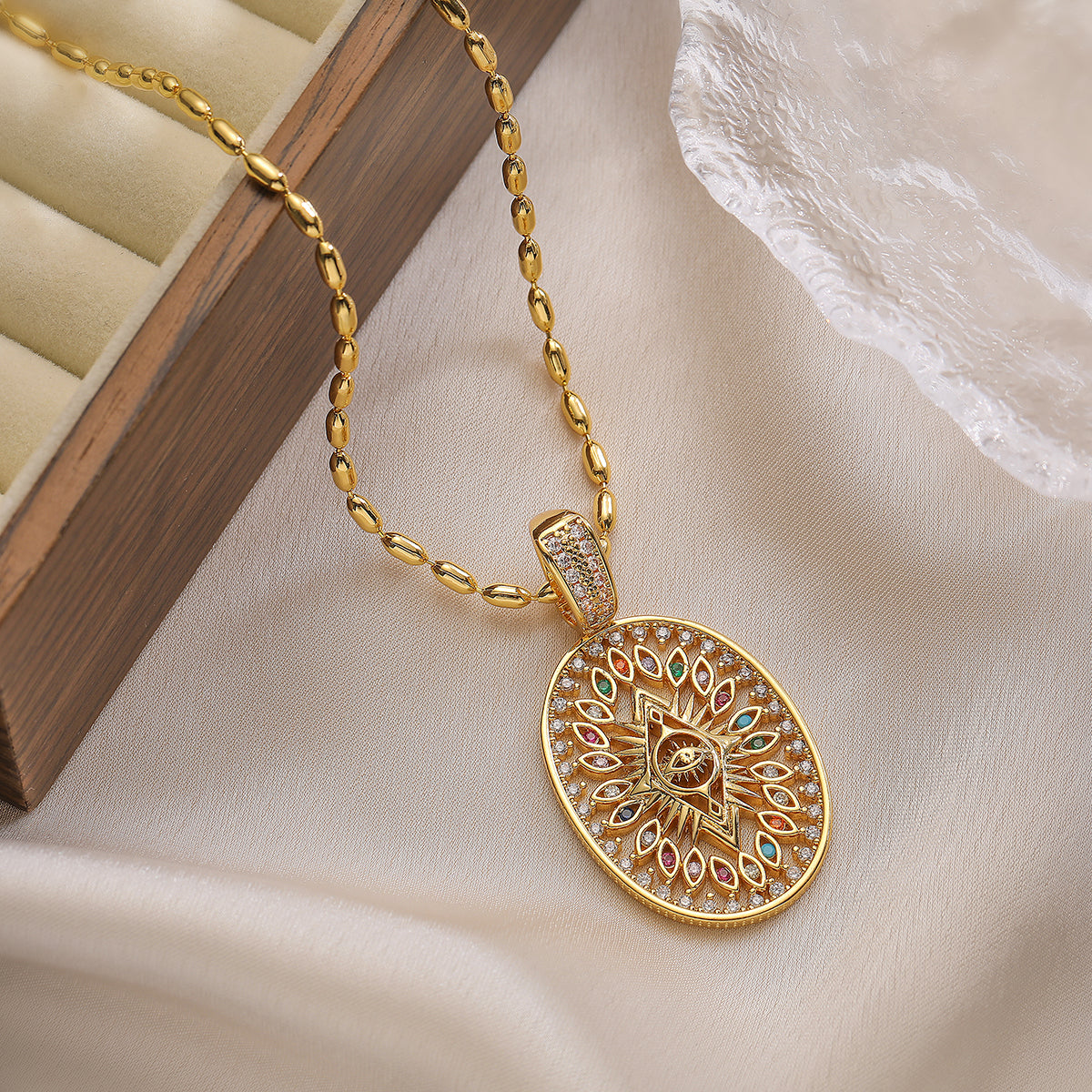 Simple Style Commute Cross Devil's Eye Copper Plating Inlay Zircon 18k Gold Plated Pendant Necklace