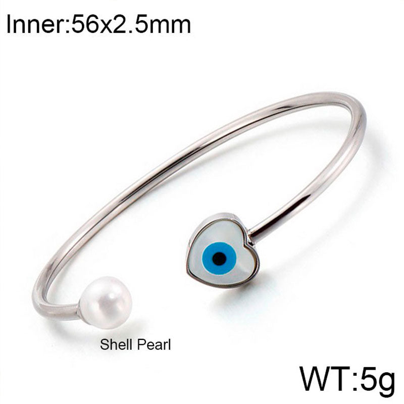 Elegant Simple Style Devil's Eye Heart Shape Stainless Steel Plating Inlay Artificial Pearls Bangle