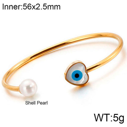 Elegant Simple Style Devil's Eye Heart Shape Stainless Steel Plating Inlay Artificial Pearls Bangle