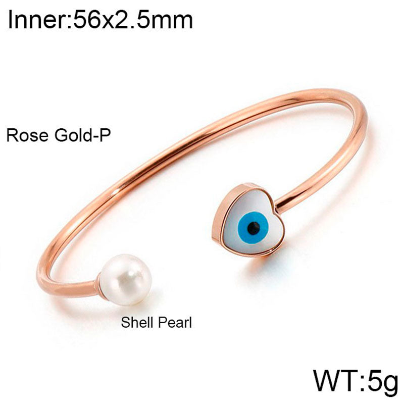 Elegant Simple Style Devil's Eye Heart Shape Stainless Steel Plating Inlay Artificial Pearls Bangle