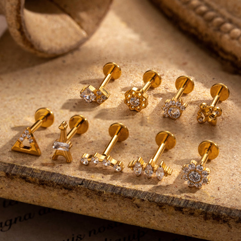 1 Piece Simple Style Flower Plating Inlay Titanium Alloy Zircon 18k Gold Plated Lip Stud Ear Studs