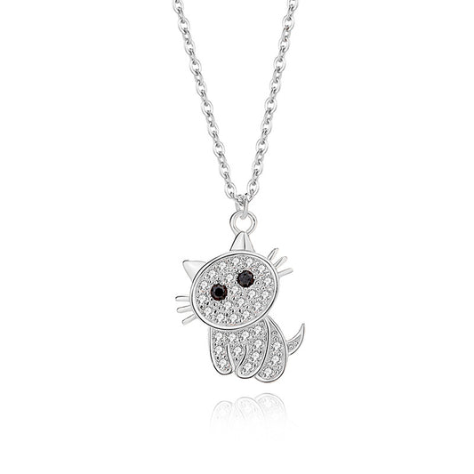 Cute Cat Sterling Silver Polishing Plating Inlay Zircon Pendant Necklace