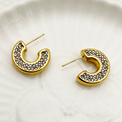 1 Pair Retro Simple Style C Shape Plating Inlay Stainless Steel Zircon Gold Plated Ear Studs