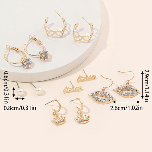 Wholesale Jewelry Ig Style Simple Style Lips Heart Shape Crown Alloy Artificial Pearls Rhinestones Gold Plated Plating Inlay Earrings