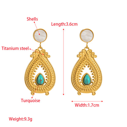 1 Pair Elegant Sector Leaves Water Droplets Inlay Titanium Steel Turquoise Rhinestones Shell Drop Earrings