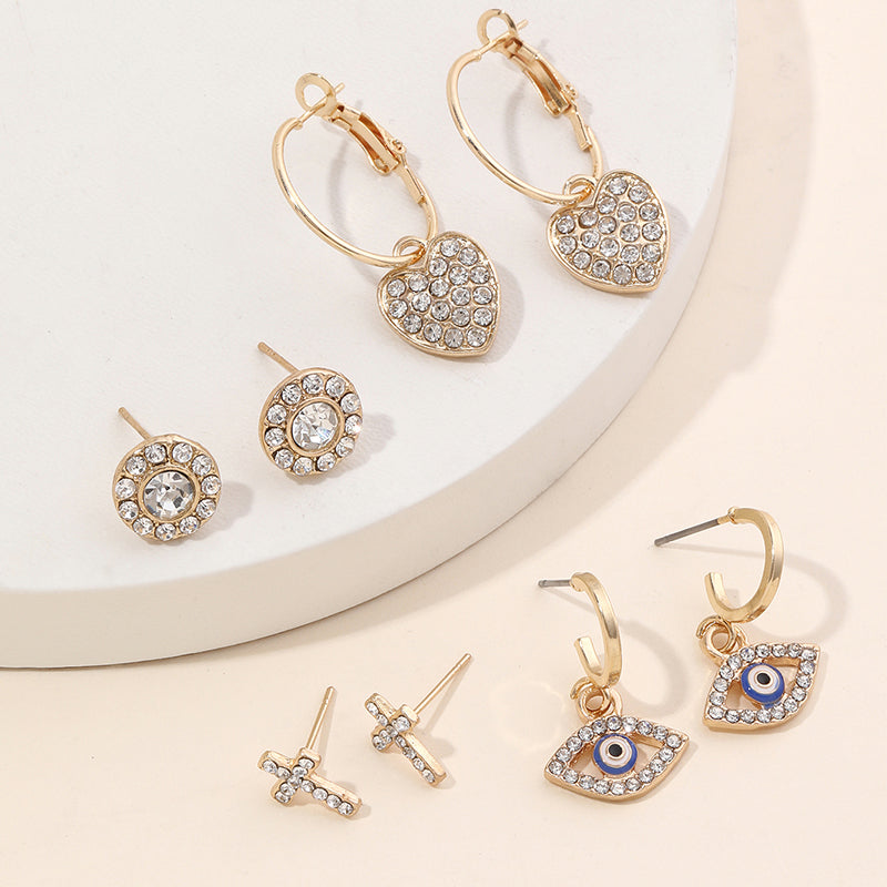 Wholesale Jewelry Simple Style Cross Heart Shape Eye Alloy Rhinestones Gold Plated Plating Inlay Earrings