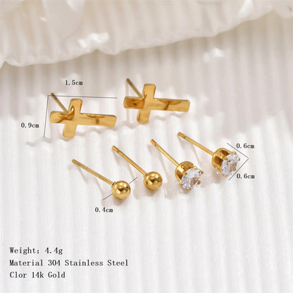 1 Set Simple Style Cross Round Plating Inlay Stainless Steel Zircon 14k Gold Plated Ear Studs