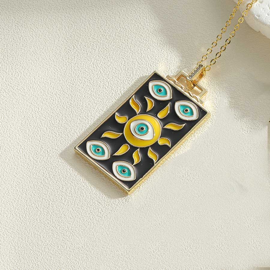 Fashion Round Devil's Eye Rectangle Copper Enamel Plating 14k Gold Plated Pendant Necklace