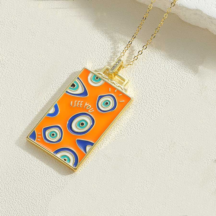 Fashion Round Devil's Eye Rectangle Copper Enamel Plating 14k Gold Plated Pendant Necklace