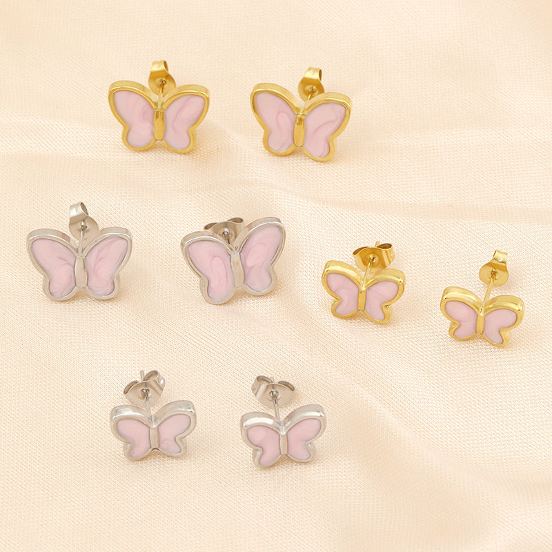 1 Pair Sweet Butterfly Enamel Stainless Steel 18k Gold Plated Ear Studs