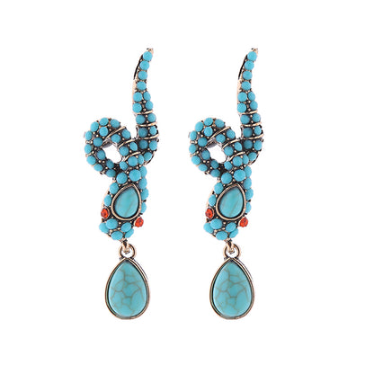 1 Pair Elegant Snake Inlay Alloy Rhinestone Turquoise Rhinestones Drop Earrings