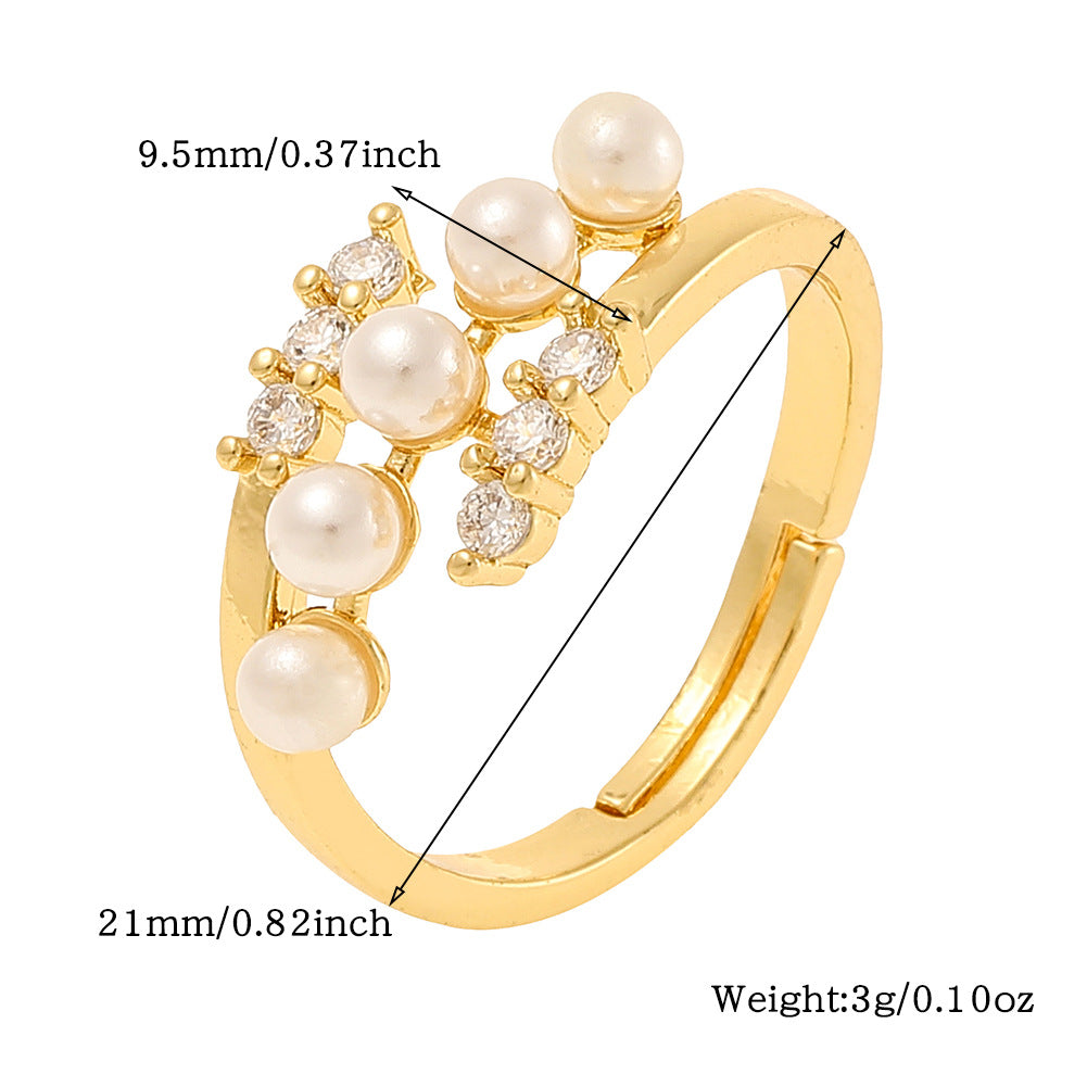 Lady Heart Shape Copper Plating Inlay Artificial Pearls Zircon Open Rings