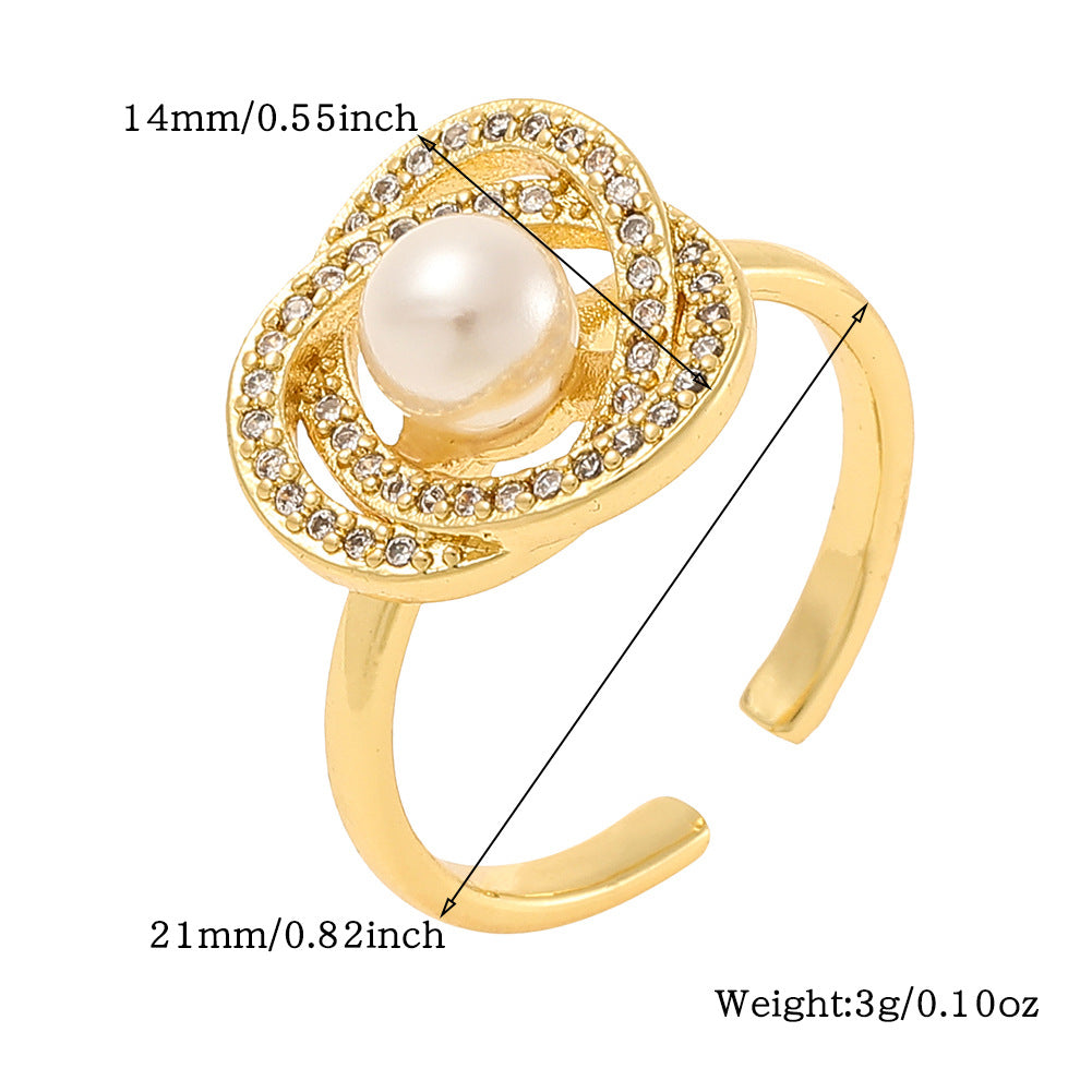 Lady Heart Shape Copper Plating Inlay Artificial Pearls Zircon Open Rings