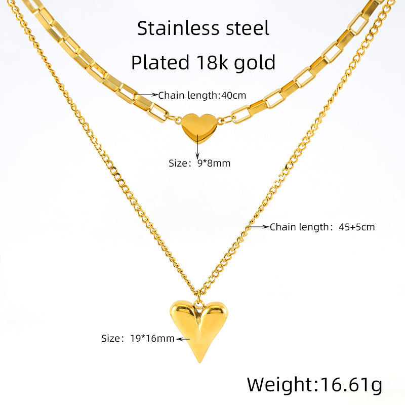 Simple Style Heart Shape Stainless Steel Plating 18k Gold Plated Double Layer Necklaces