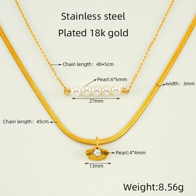 Ig Style Elegant Geometric Stainless Steel Plating Inlay Artificial Pearls 18k Gold Plated Layered Necklaces