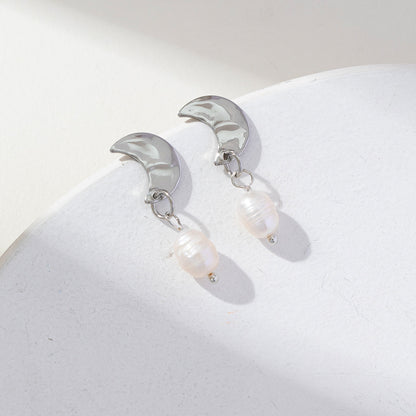 1 Pair Ig Style Vintage Style Korean Style Moon Pearl Stainless Steel Drop Earrings