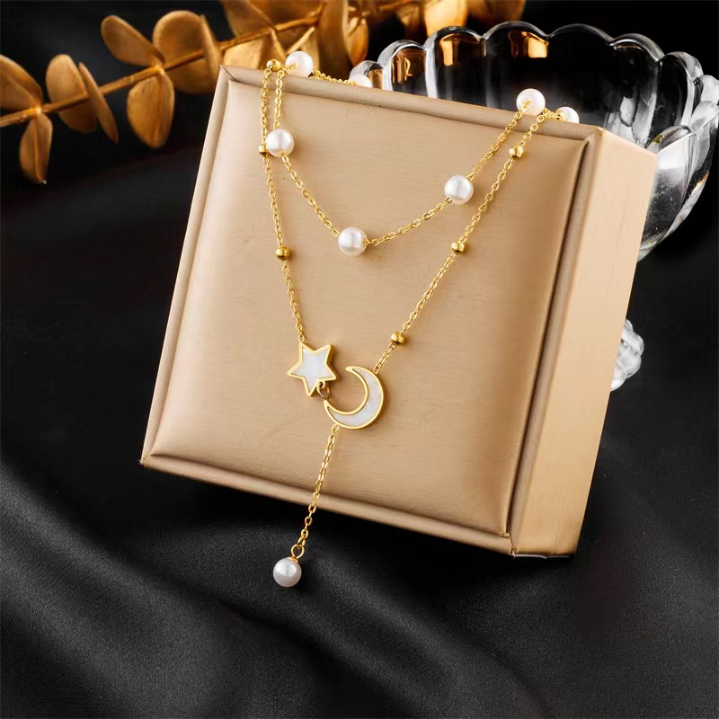 Casual Simple Style Star Moon Stainless Steel Pearl Inlay Shell Bracelets Earrings Necklace