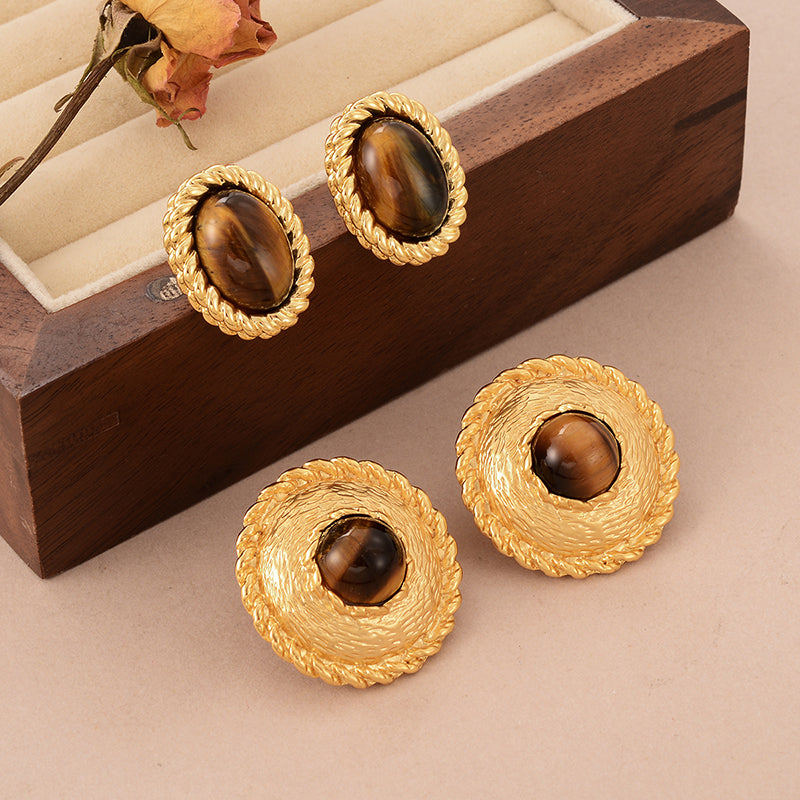 1 Pair Elegant Vintage Style French Style Round Oval Copper Tiger Eye 18k Gold Plated Ear Studs