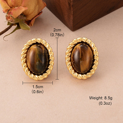 1 Pair Elegant Vintage Style French Style Round Oval Copper Tiger Eye 18k Gold Plated Ear Studs