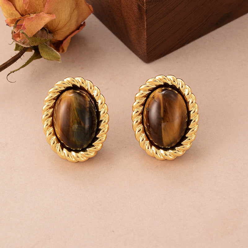 1 Pair Elegant Vintage Style French Style Round Oval Copper Tiger Eye 18k Gold Plated Ear Studs