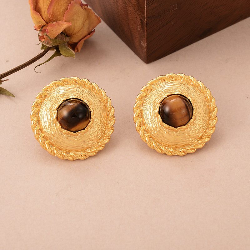 1 Pair Elegant Vintage Style French Style Round Oval Copper Tiger Eye 18k Gold Plated Ear Studs