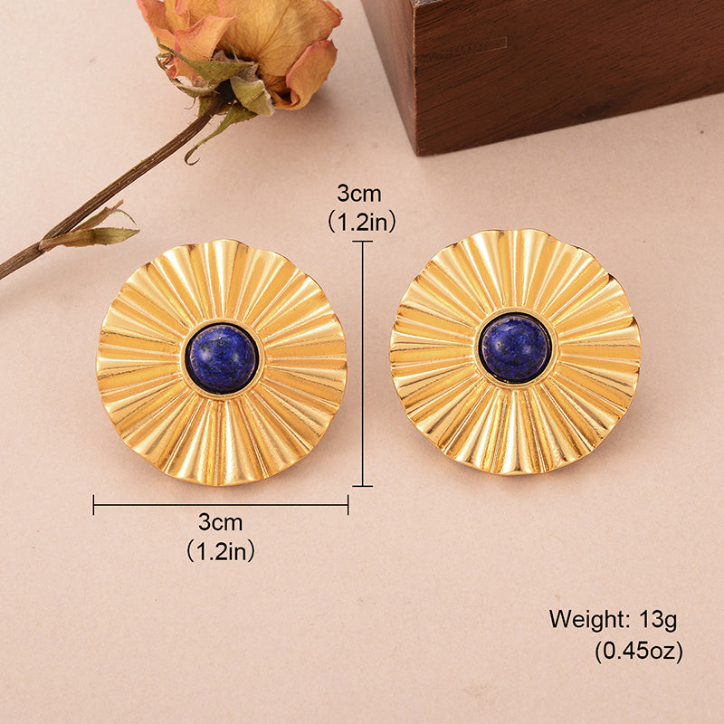 1 Pair Ig Style Flower Pleated Copper Natural Stone 18k Middle Ancient Gold Ear Studs