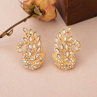 1 Pair Elegant Shiny Swan Inlay Copper Rhinestones Glass 18k Gold Plated Ear Studs