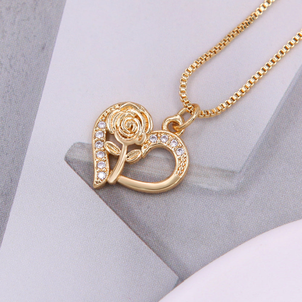 Elegant Romantic Shiny Love Heart Shape Rose Copper Plating Metal Inlay Zircon 18k Gold Plated Pendant Necklace