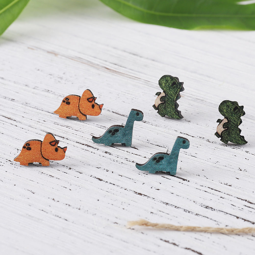 Wholesale Jewelry Retro Dinosaur Wood Printing Ear Studs