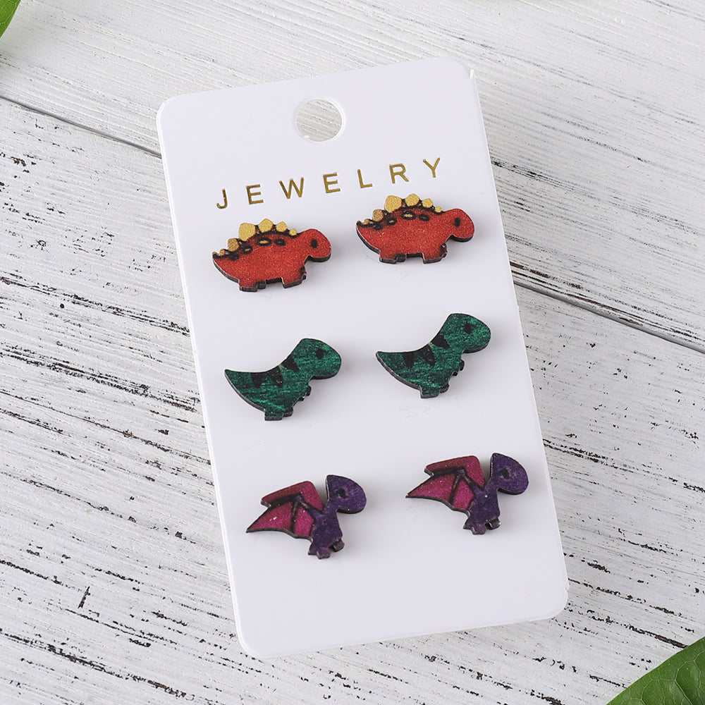 Wholesale Jewelry Retro Dinosaur Wood Printing Ear Studs