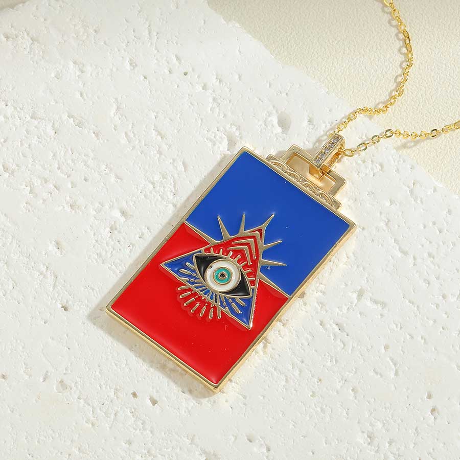 Fashion Devil's Eye Rectangle Copper Enamel Plating Laser Zircon 14k Gold Plated Pendant Necklace