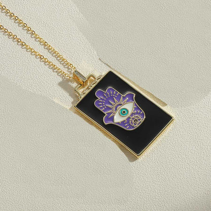 Fashion Devil's Eye Rectangle Copper Enamel Plating Laser Zircon 14k Gold Plated Pendant Necklace