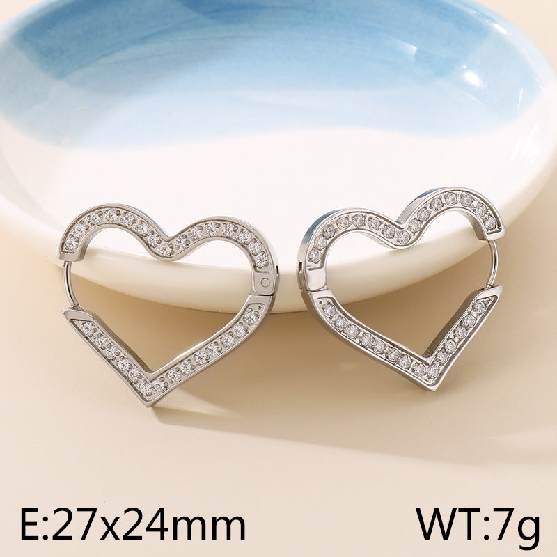 1 Pair Basic Heart Shape Inlay Titanium Steel Zircon Earrings