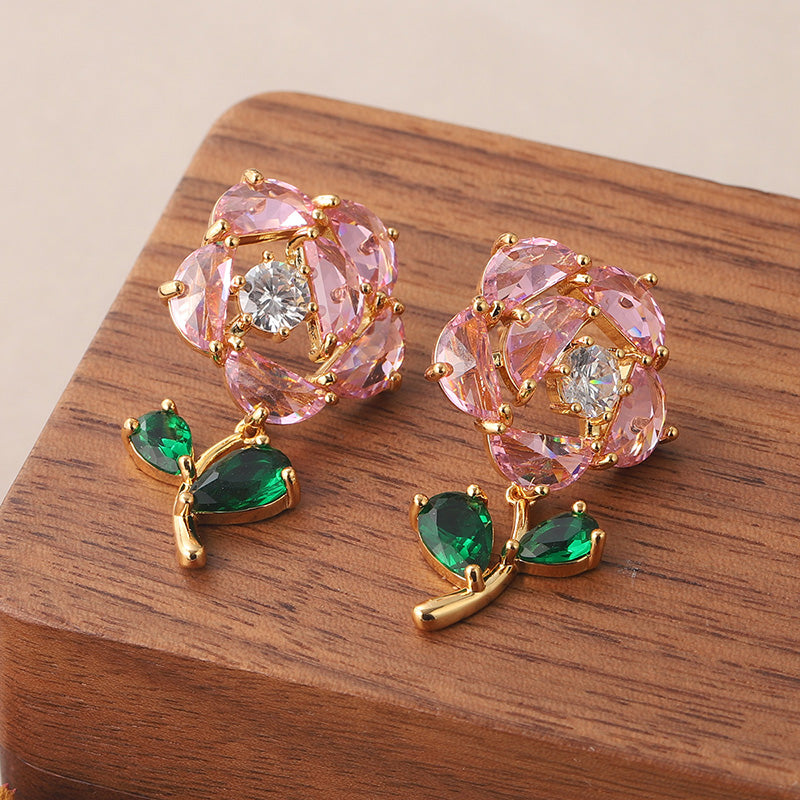 1 Pair Sweet Rose Plating Inlay Copper Zircon 18k Gold Plated Ear Studs