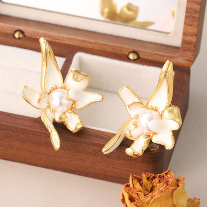 1 Pair Vintage Style Flower Enamel Plating Inlay Copper Pearl 18k Middle Ancient Gold Ear Studs