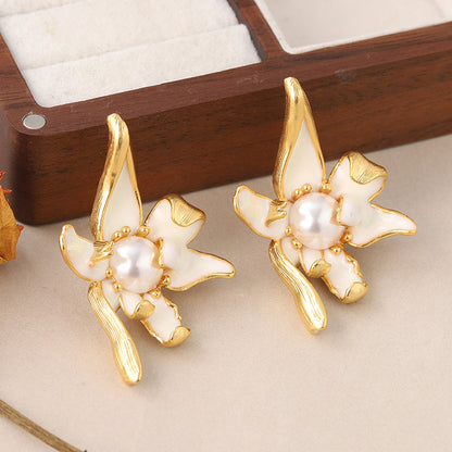 1 Pair Vintage Style Flower Enamel Plating Inlay Copper Pearl 18k Middle Ancient Gold Ear Studs