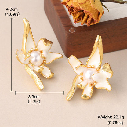 1 Pair Vintage Style Flower Enamel Plating Inlay Copper Pearl 18k Middle Ancient Gold Ear Studs