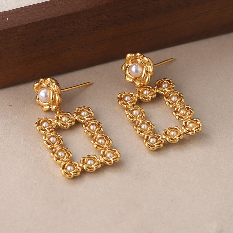 1 Pair Vintage Style Square Plating Inlay Copper Pearl 18k Middle Ancient Gold Drop Earrings