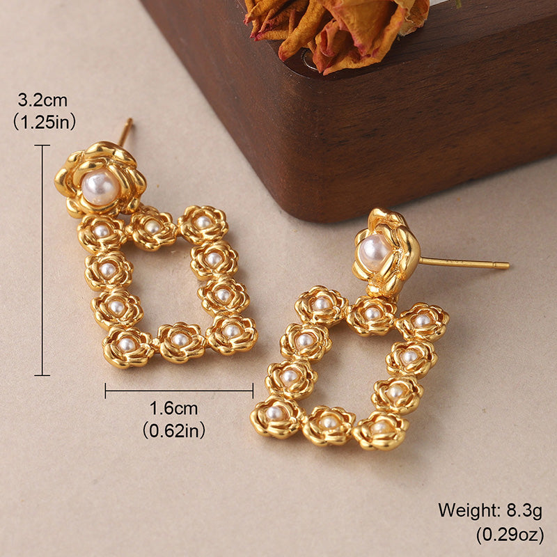 1 Pair Vintage Style Square Plating Inlay Copper Pearl 18k Middle Ancient Gold Drop Earrings