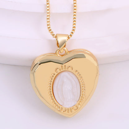 Ig Style Virgin Mary Heart Shape Shell Copper Plating Inlay Carving Shell 18k Gold Plated Pendant Necklace