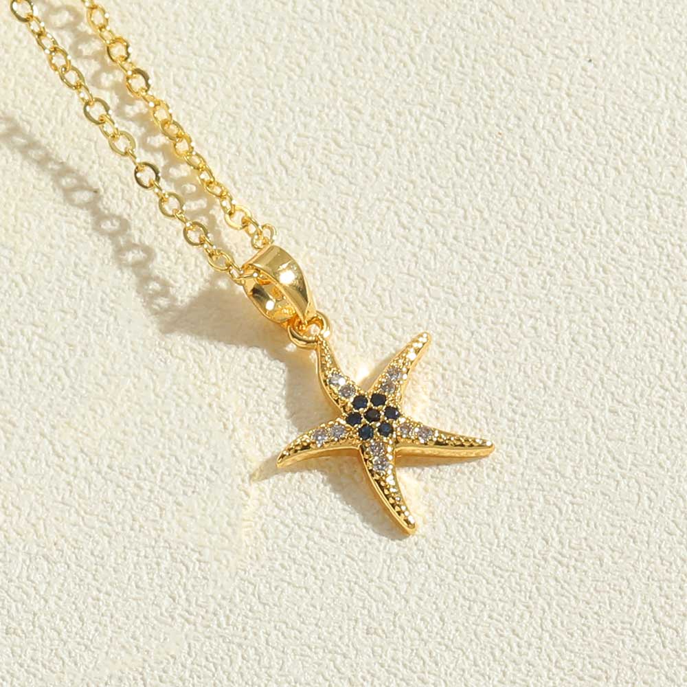 Simple Style Devil's Eye Hand Of Fatima Starfish Copper Enamel Plating Inlay Zircon 14k Gold Plated Pendant Necklace