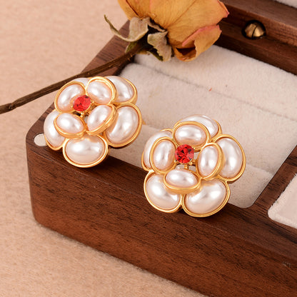 1 Pair Vintage Style French Style Flower Inlay Copper Rhinestones Pearl 18k Gold Plated Rose Gold Plated Ear Studs