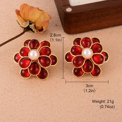 1 Pair Elegant Vintage Style French Style Flower Inlay Copper Glass Pearl 18k Gold Plated Ear Studs