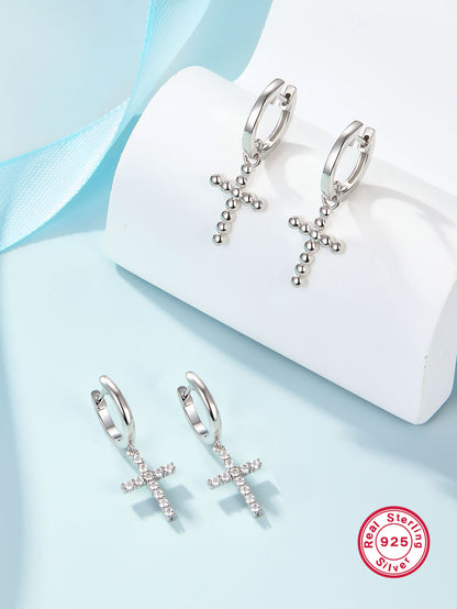 1 Pair Classic Style Cross Plating Sterling Silver White Gold Plated Drop Earrings