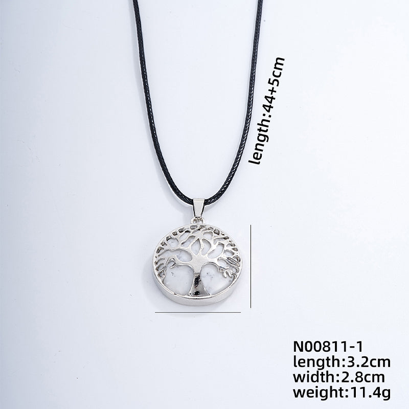 Ig Style Simple Style Round Tree Stainless Steel Natural Stone Leather Rope Inlay Natural Stone Pendant Necklace